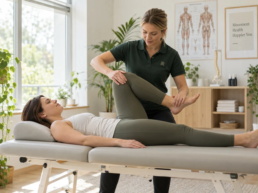 Terapeutti ohjaa asiakkaan polven liikettä